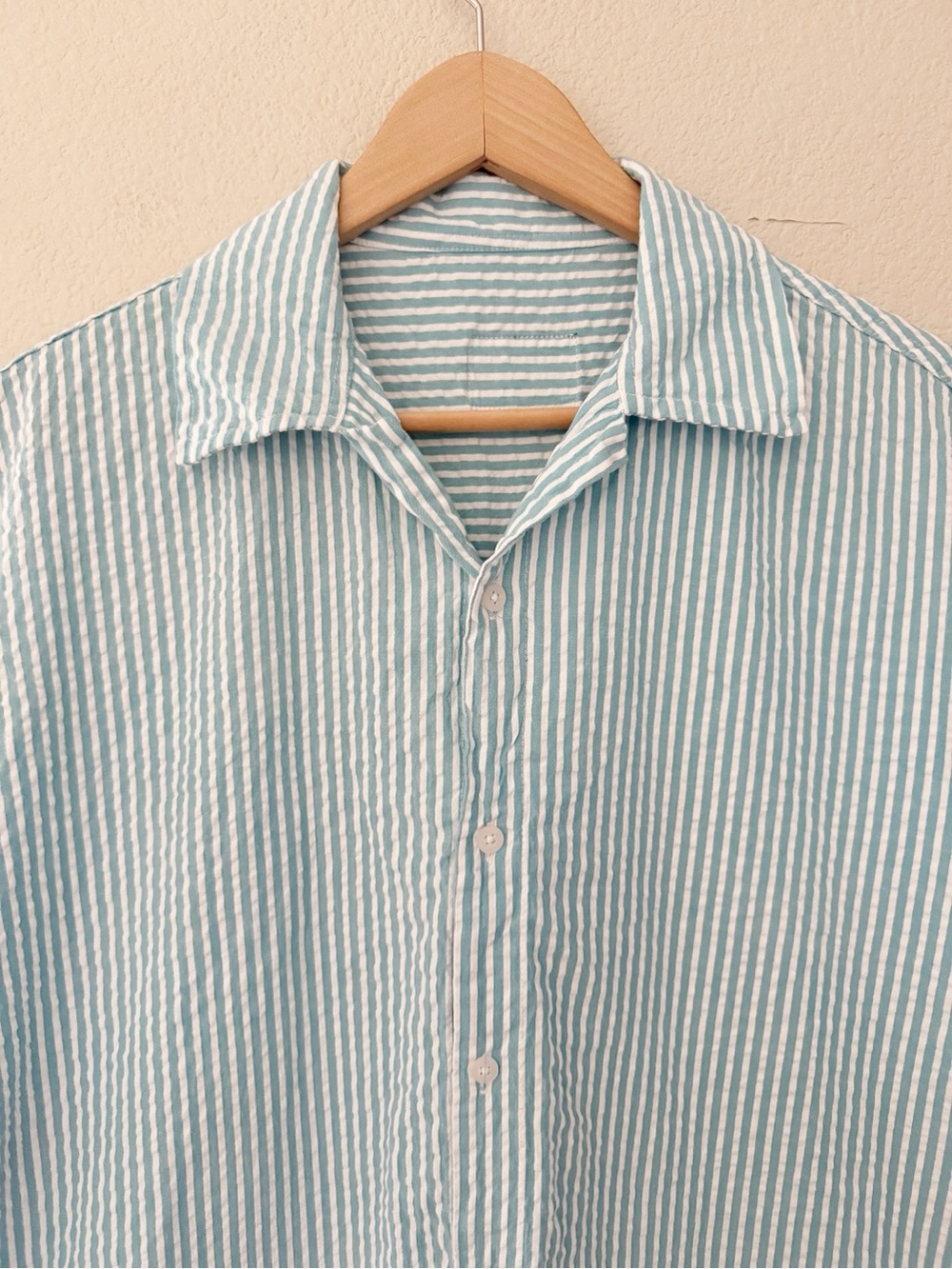 Daily Drills Seersucker Stripe Oversized Boxy Shirt Small Blue White 100% Cotton - Picture 6 of 9